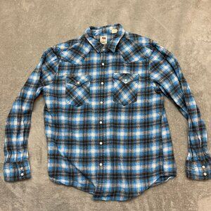 Levi's Flannel Shirt Men Size Large Blue Plaid Long Sleeve Pearl Snap Western